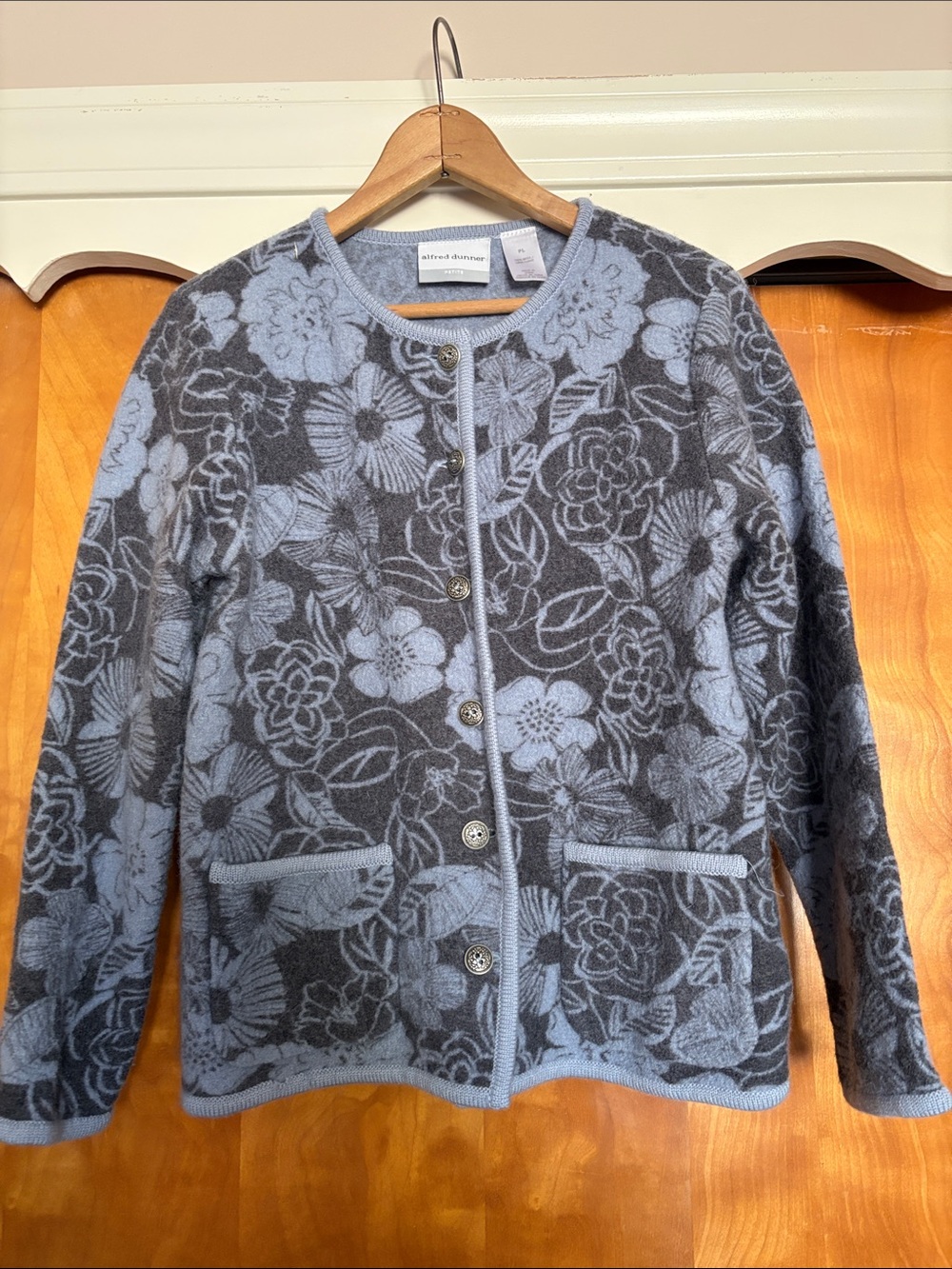 Alfred Dunner Blue and Gray Floral Button-Front Cardigan Jacket wool